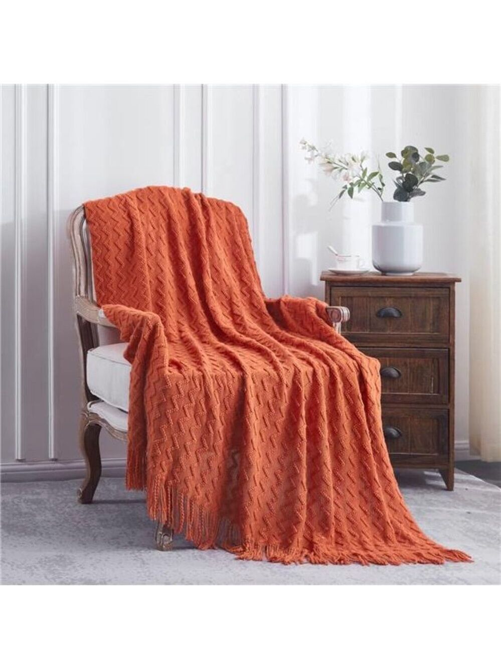 Orange Knit Throw Blanket 50x60 Soft Cozy Lightweight Acrylic Fringed Sofa Bed